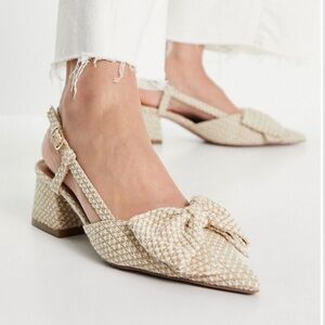 ASOS DESIGN Symbol Bow Slingback Mid Block Heeled Shoes in Natural Linen